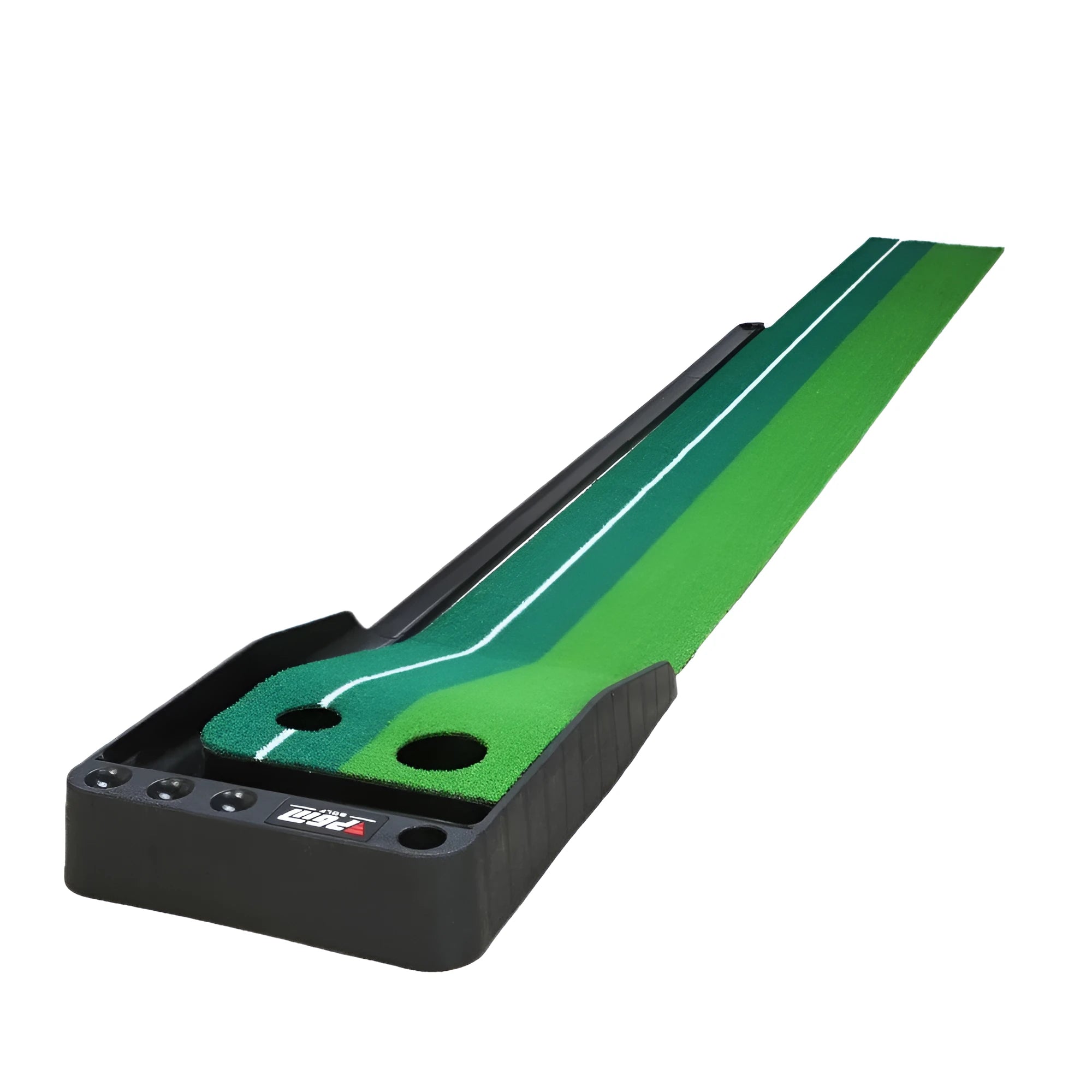 PGM 3m indoor putting mat with baffle, plastic base, and simulated grass surface on a floor