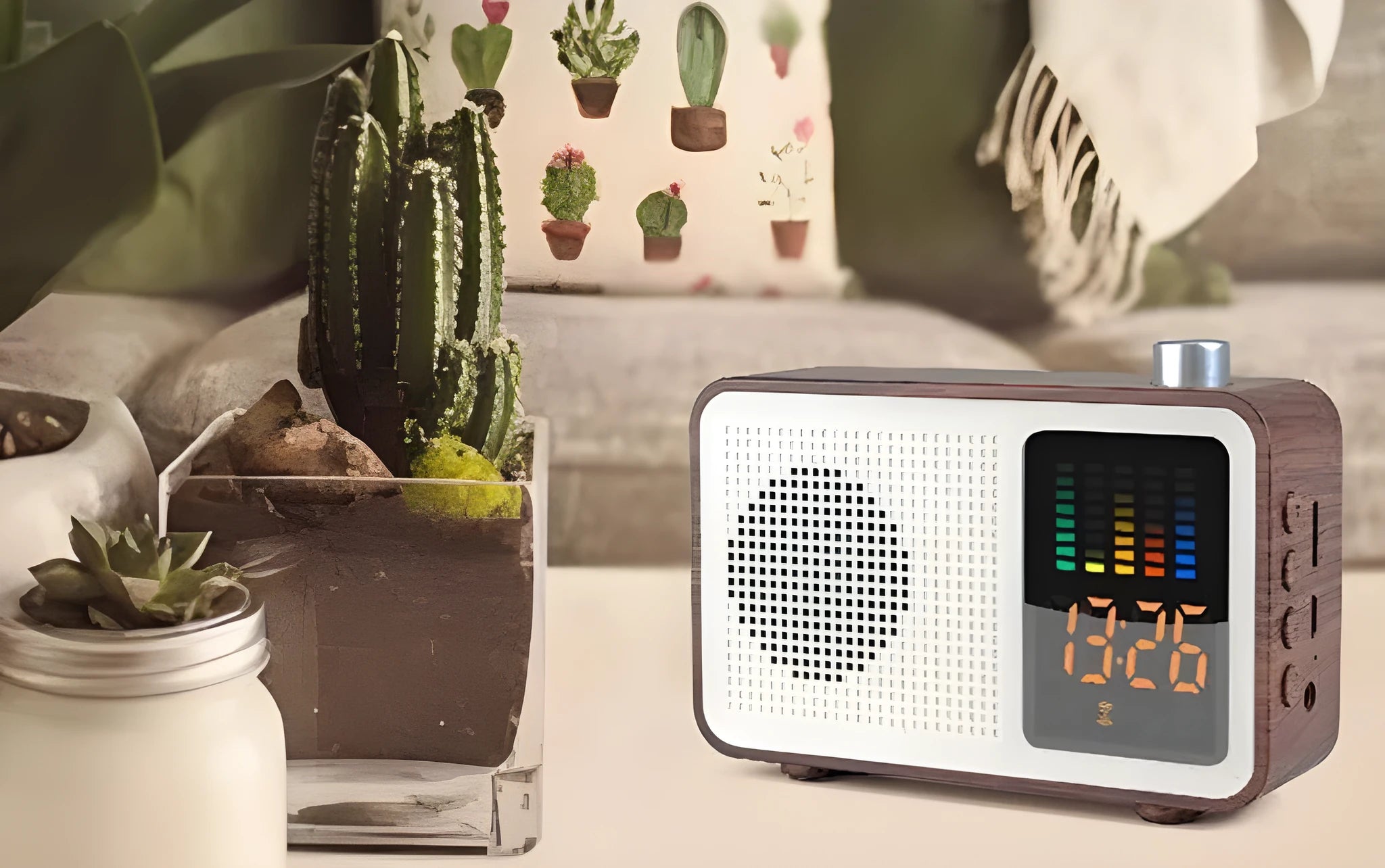 Brown retro Bluetooth speaker with woodgrain finish showing FM radio and connectivity ports