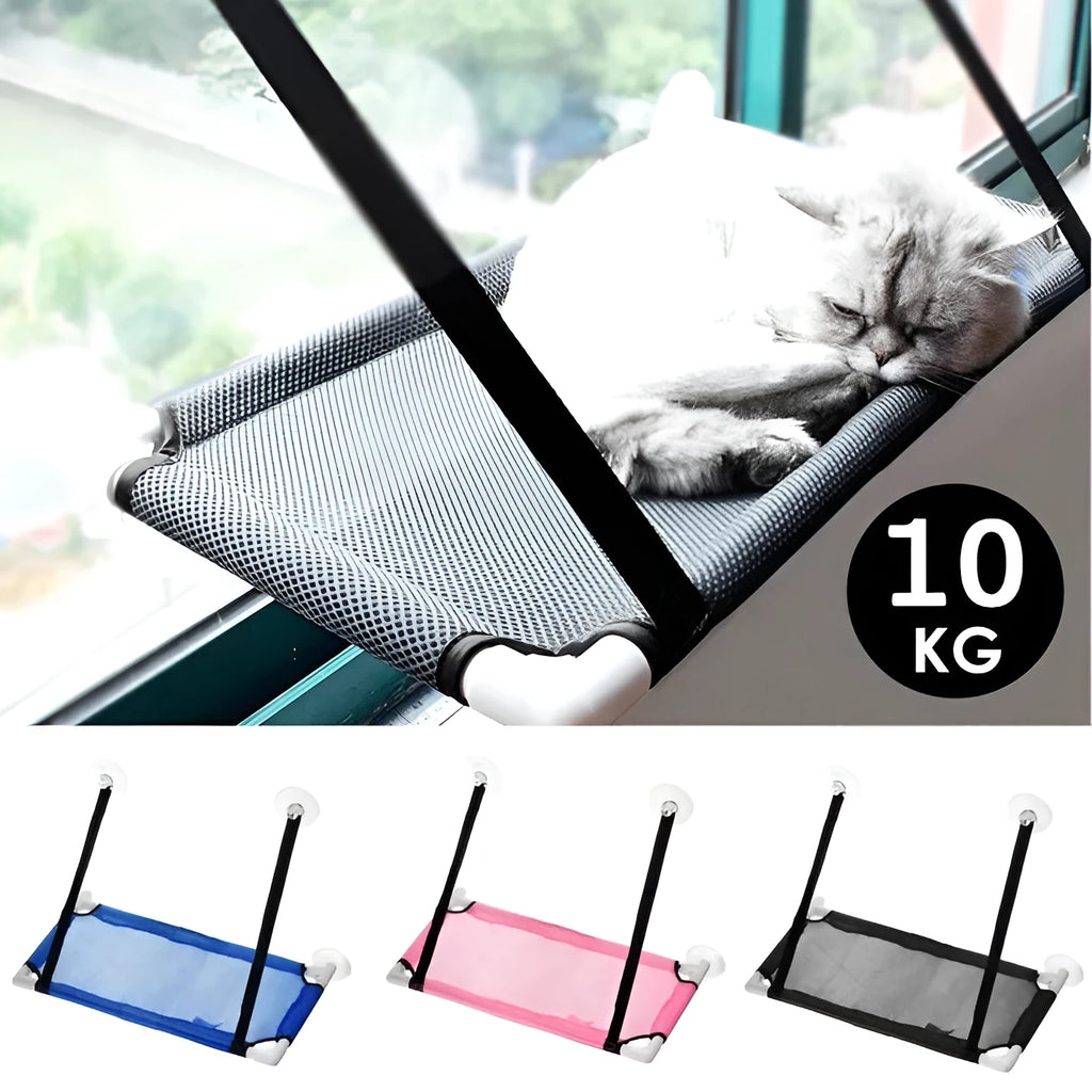 Cat window hammock in sandwich net and pipe fitting, 60x34cm, 10kg load, blue pink or black mesh
