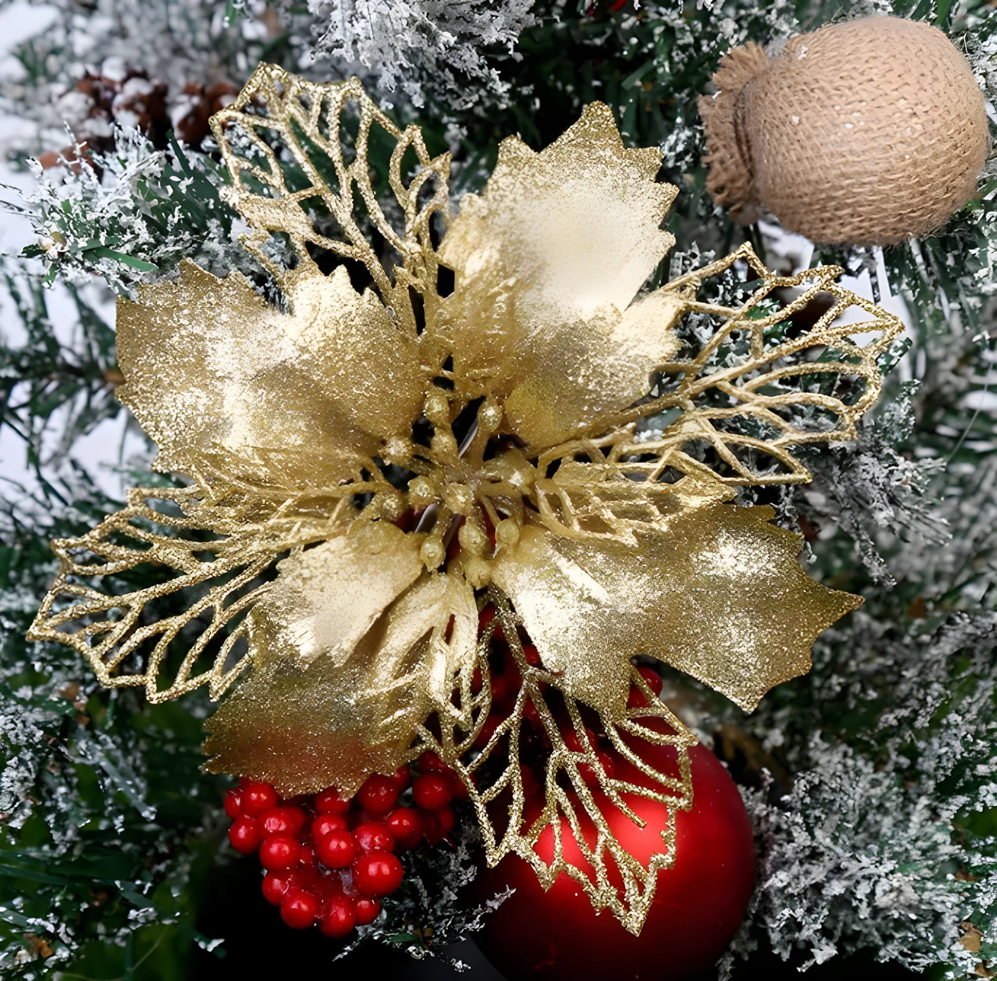 Gold glitter Christmas tree wreath 16cm diameter on white background