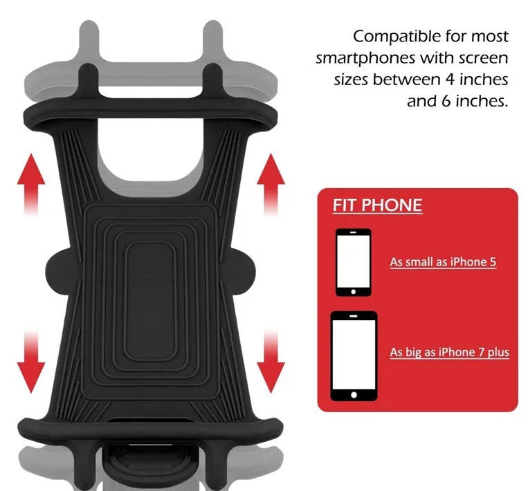 Silicone bicycle mobile phone bracket in black, mounted on handlebar, holding a smartphone vertically