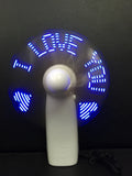 White handheld mini fan with LED love pattern display showing blue and red colours