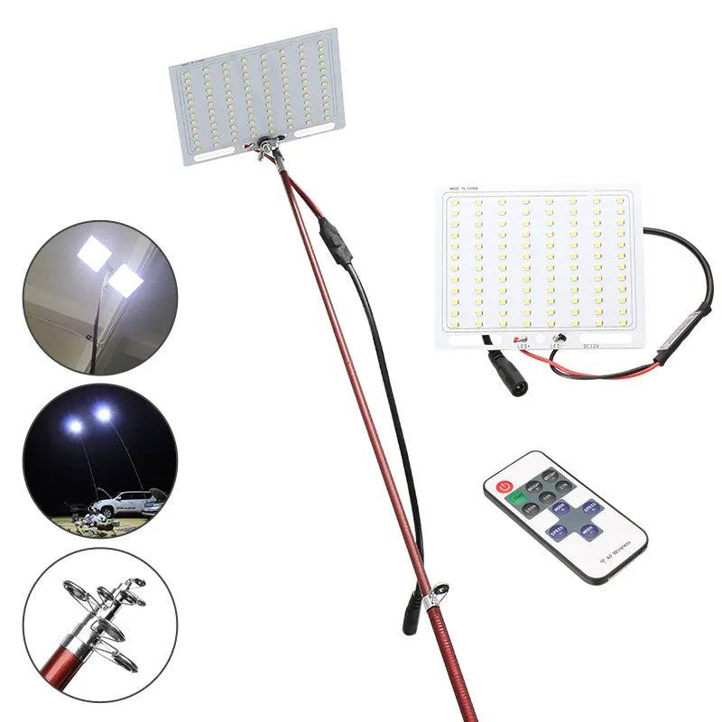 White LED fishing rod light with telescopic pole and remote control for outdoor use
