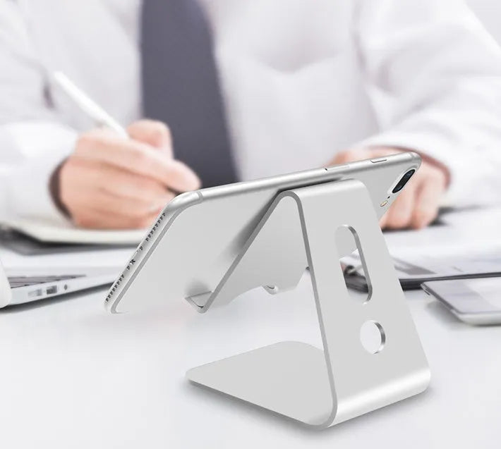 Aluminium Universal Phone Buddy stand holding a tablet, shown in silver colour.