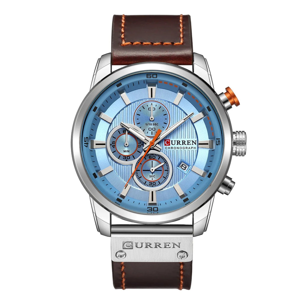 Men's waterproof quartz chronograph watch with 47mm dial, 14mm thick case, leather strap and titanium pin buckle