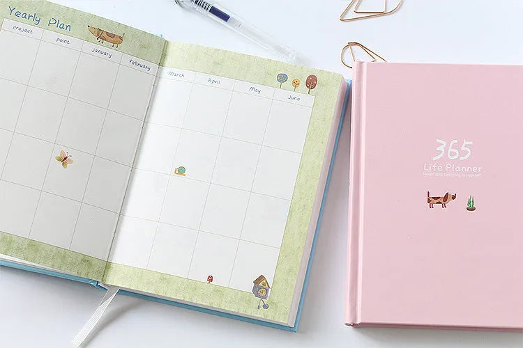 Hardback notebook planner 13.5x18.2cm 228 pages with 365 day plan, dark green or pink cover