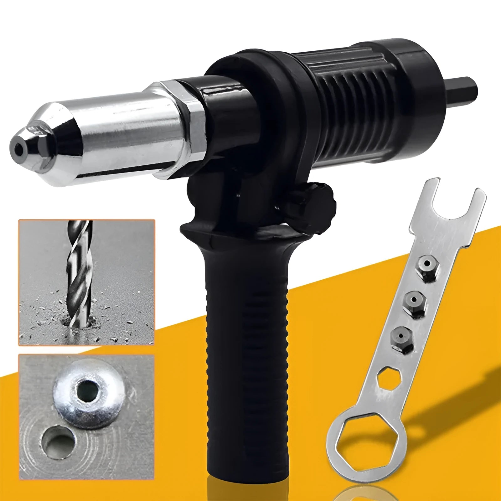 Black metal electric drill rivet gun attachment measuring 173mm with hardened three-jaw chuck and included handle, wrench, and rivet heads