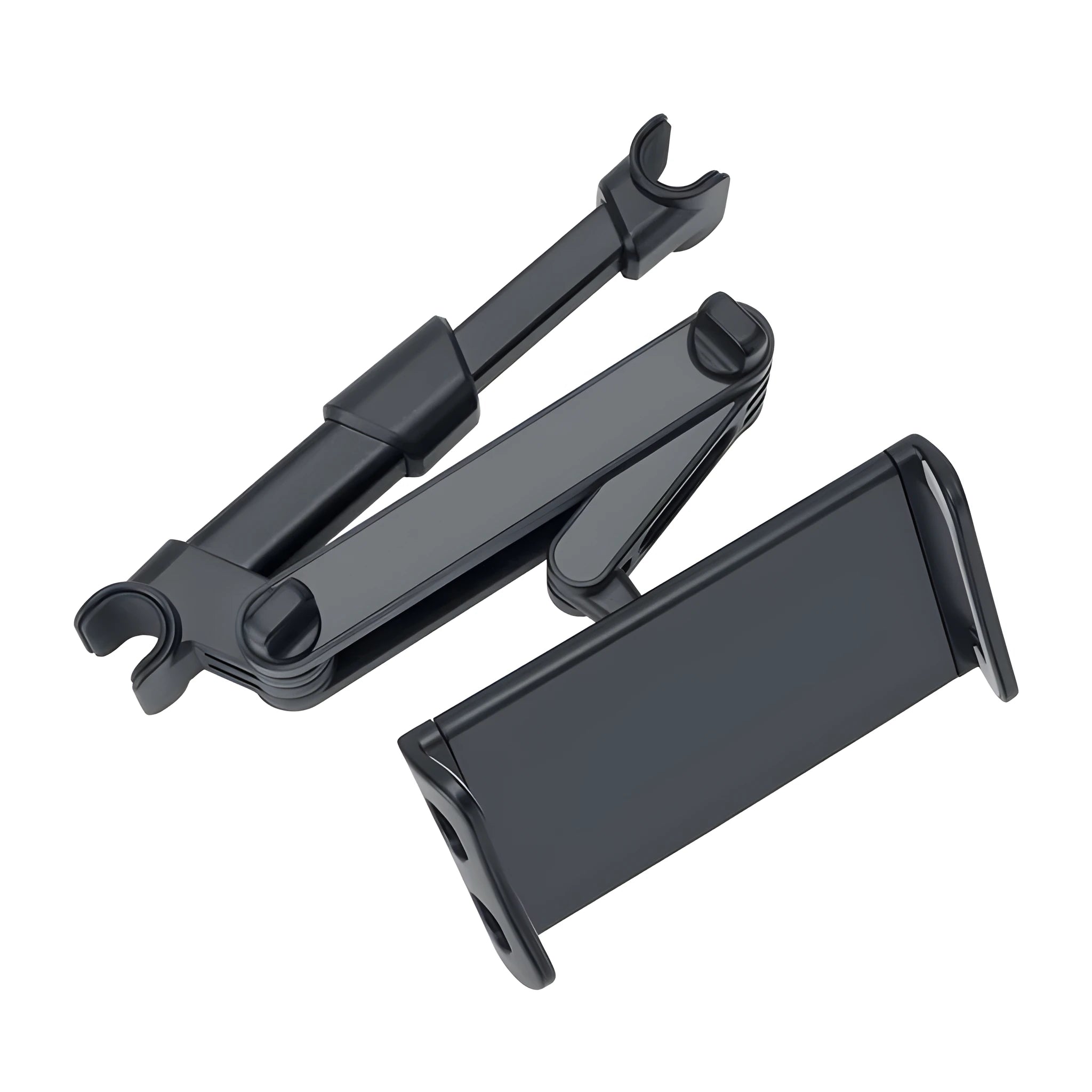 Black car phone holder mounted to rear seat base holding tablet for navigation