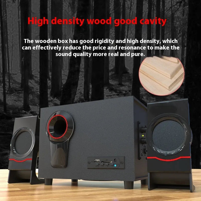 Wooden 2.1 multimedia speaker with USB power, bass boost, knob control, and Bluetooth version colour option.
