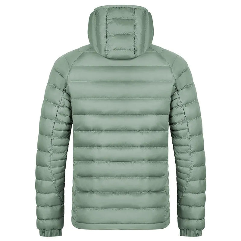 Winter lightweight hooded coat for men, polyester zipper jacket with pockets, solid colour outerwear in five colours