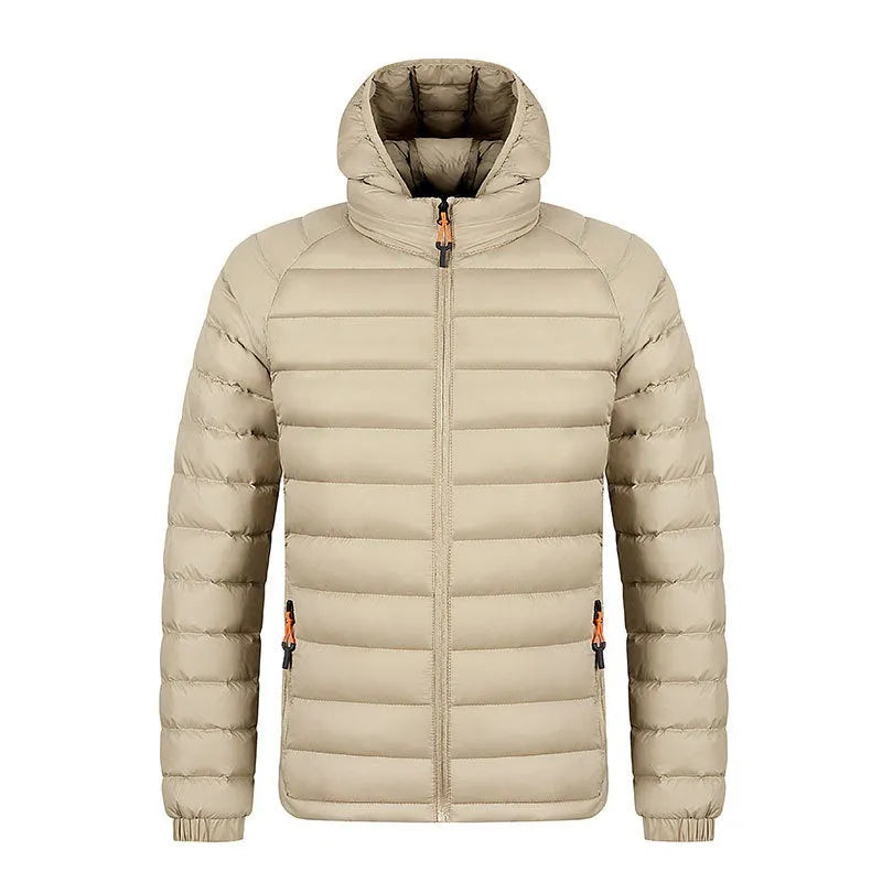 Winter lightweight hooded coat for men, polyester zipper jacket with pockets, solid colour outerwear in five colours