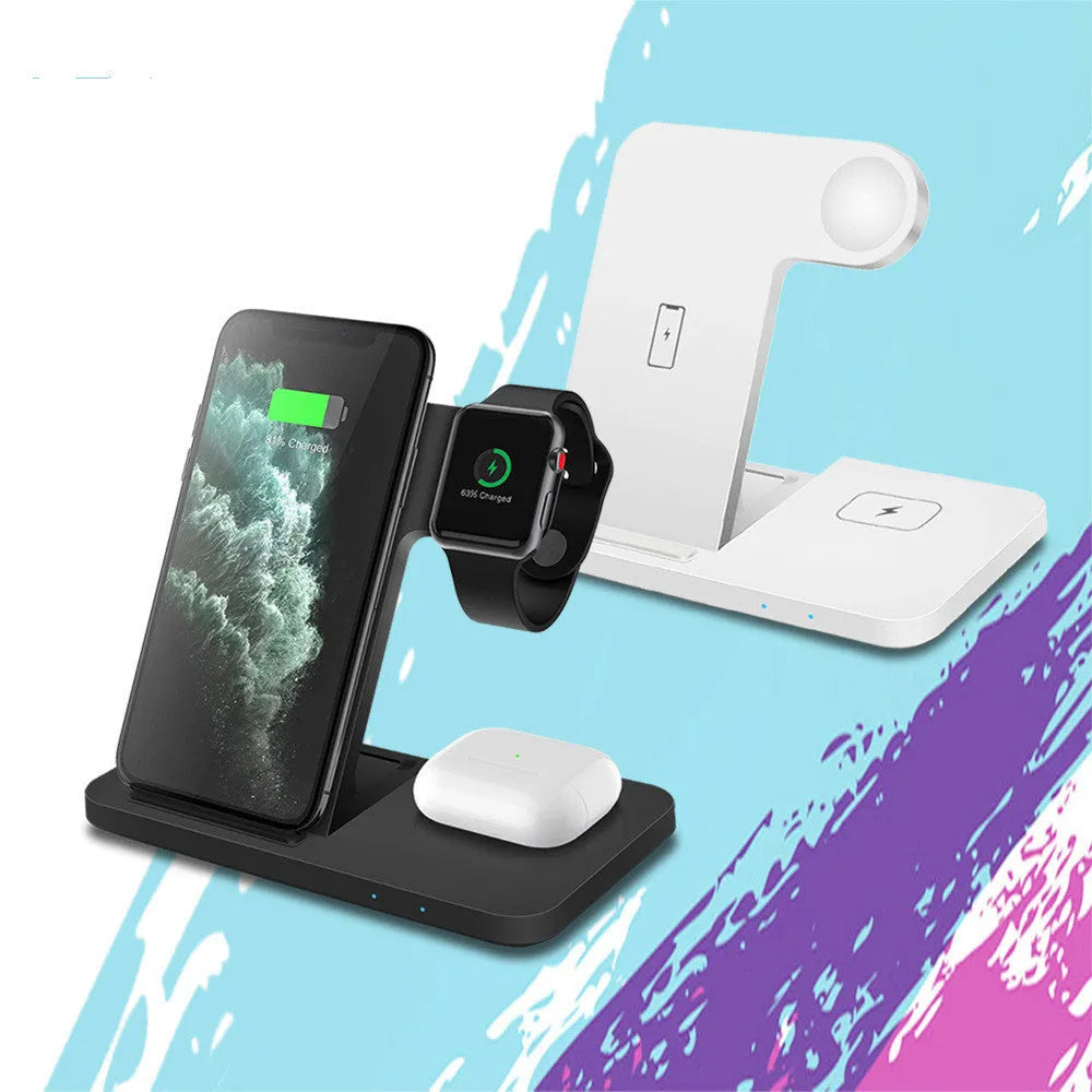 Folding 3-in-1 wireless charger with 15W fast charge indicator light and Type-C cable in black finish