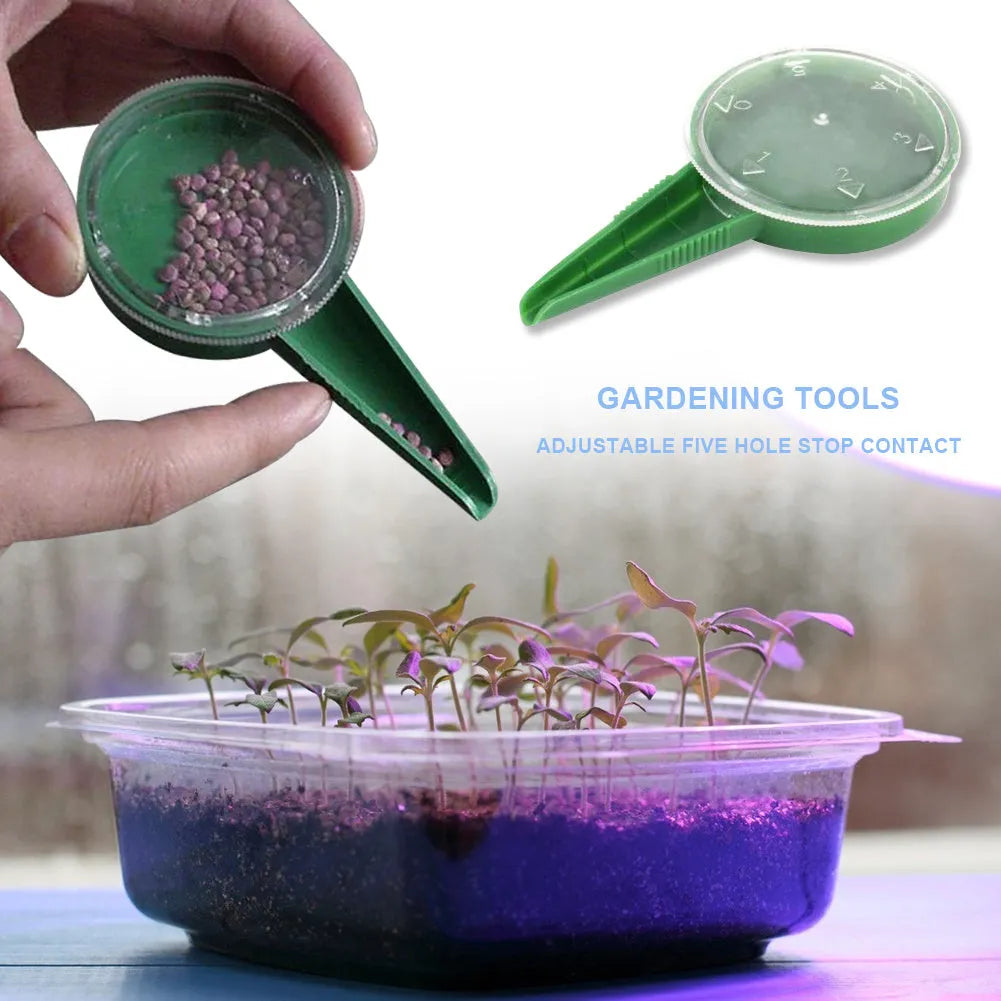 5-speed adjustable plastic seed sower, green and transparent, approx. 12cm x 6cm, 19g, for small seeds