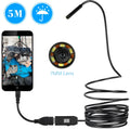 OWSOO USB endoscope camera with 5m cable, hook, magnet, and mirror attachments for phone and computer inspection.