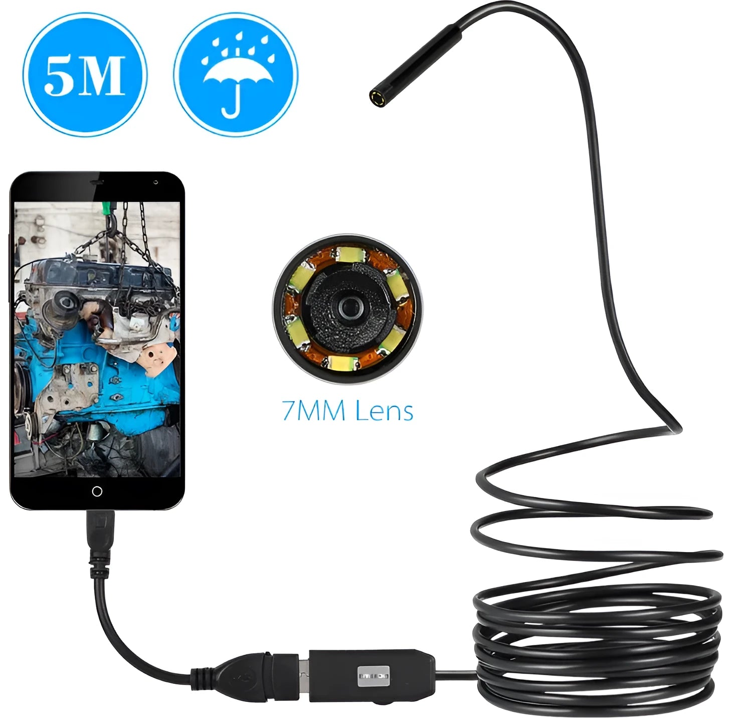 OWSOO USB endoscope camera with 5m cable, hook, magnet, and mirror attachments for phone and computer inspection.