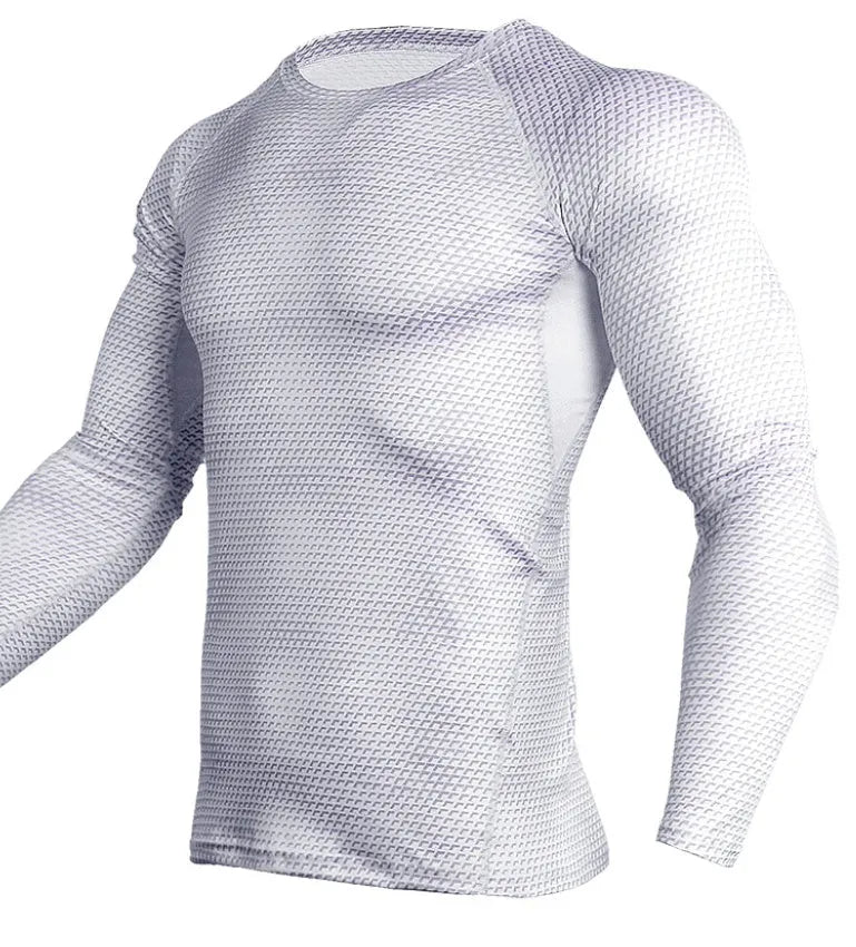 Men's compression running shirt in blue with O-neck and long sleeves for gym training