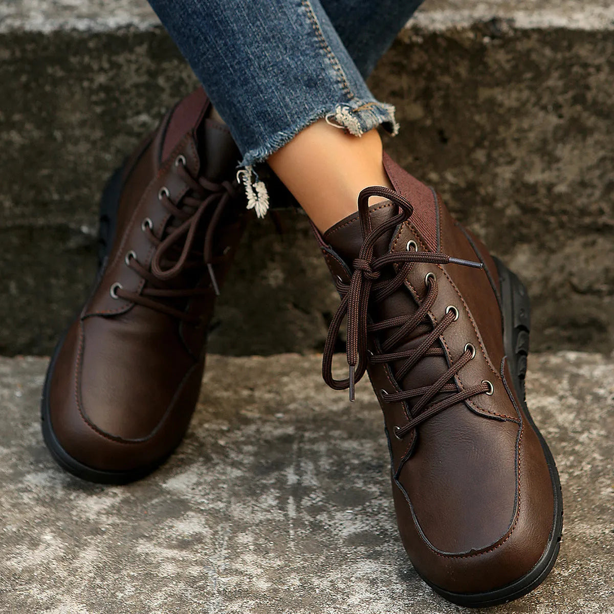 Round toe lace-up ankle boots for women in brown colour with flat non-slip sole and front strap retro western cowboy style