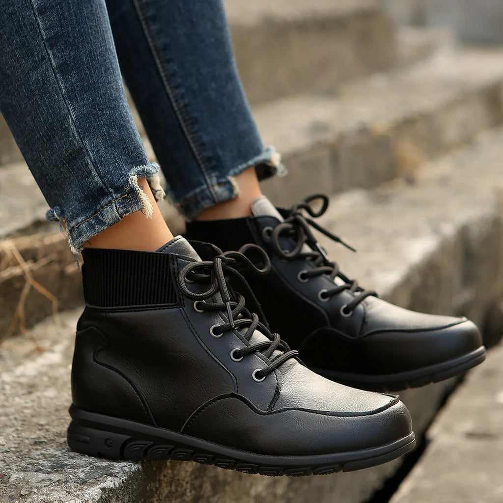 Round toe lace-up ankle boots for women in brown colour with flat non-slip sole and front strap retro western cowboy style