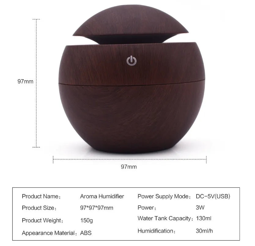 USB ultrasonic atomizer humidifier with colourful light, 130ml tank, 110x110x95mm size, available in Deep, Shallow, black, and white