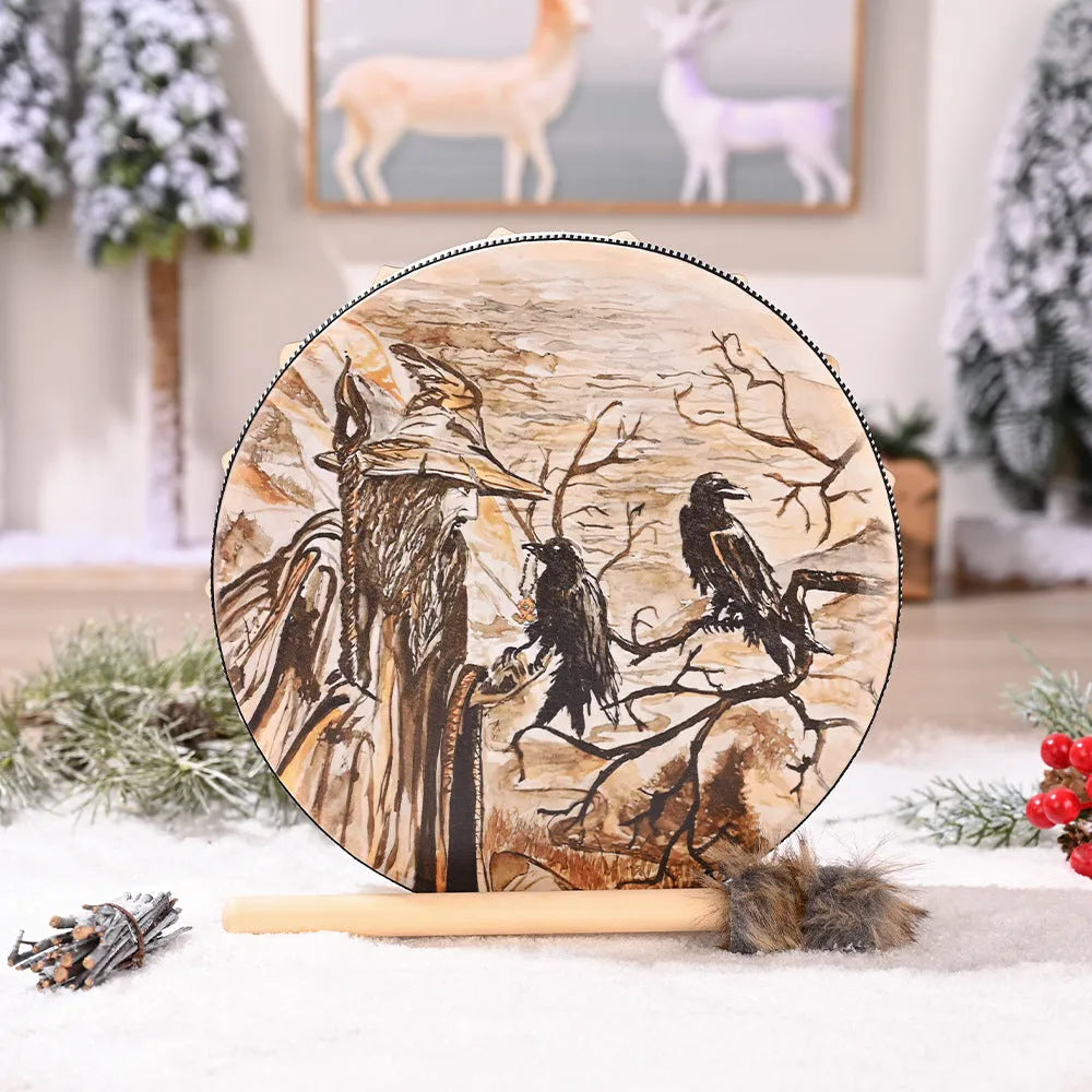 25cm Chinese ornamental drum with tree of life flower design, including drum hammer