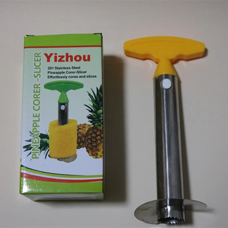 Stainless steel pineapple peeler with ergonomic handle and sawtooth blade on a countertop