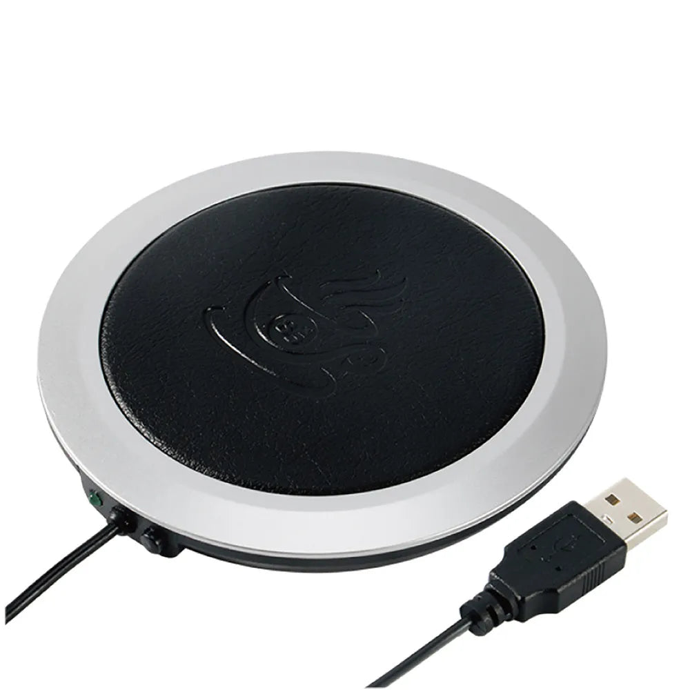 Black USB-powered heating coaster with high temperature heater for desk use.