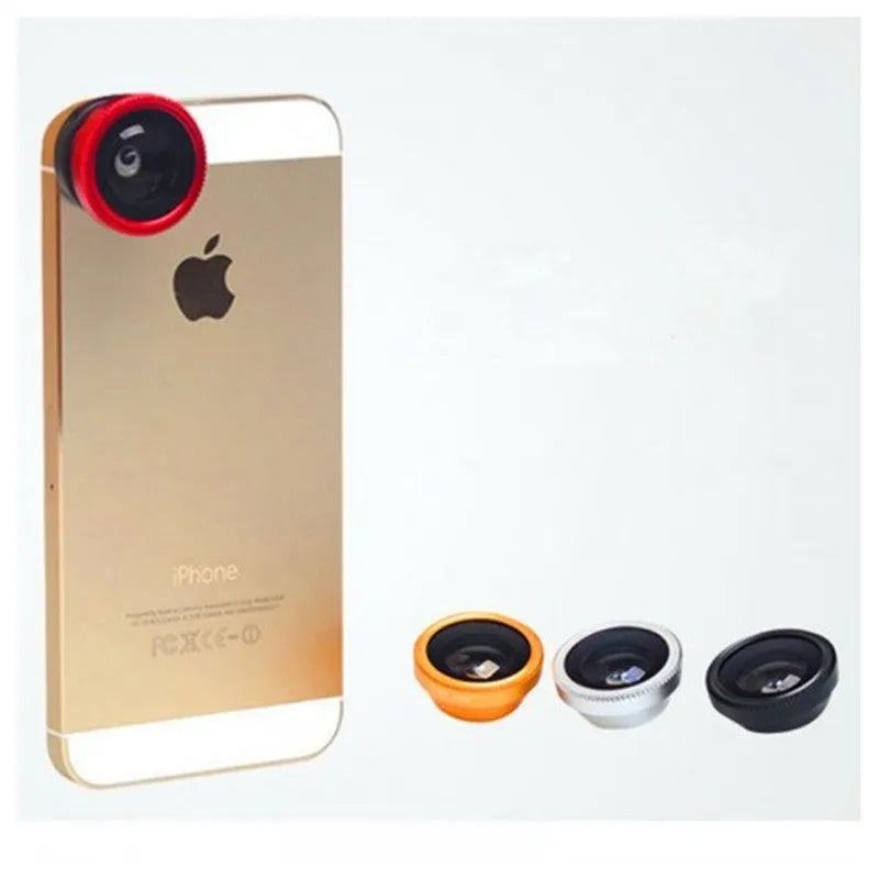 Black 3-in-1 smartphone camera lens kit with fisheye, wide-angle, and macro lenses and a universal mounting clip.