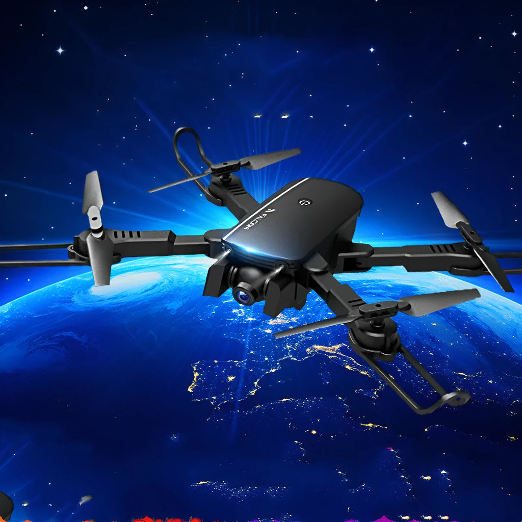Black 4K HD quadcopter drone with plastic body, 30cm size, shown from side angle