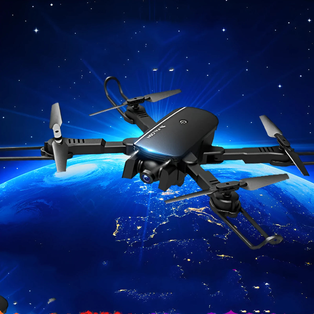 Black 4K HD quadcopter drone with plastic body, 30cm size, shown from side angle