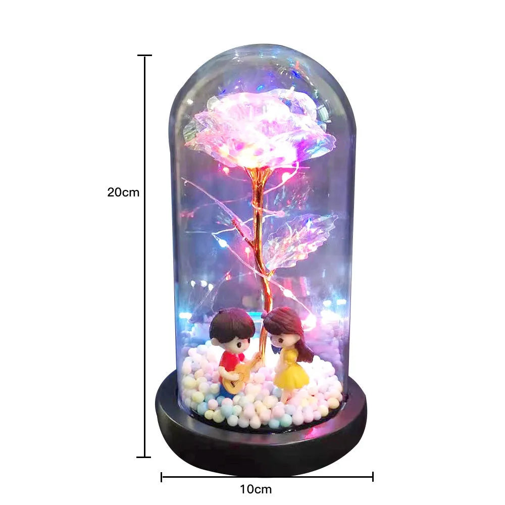 Glass dome eternal rose ornament with LED lights and gold flower for wedding or home decoration