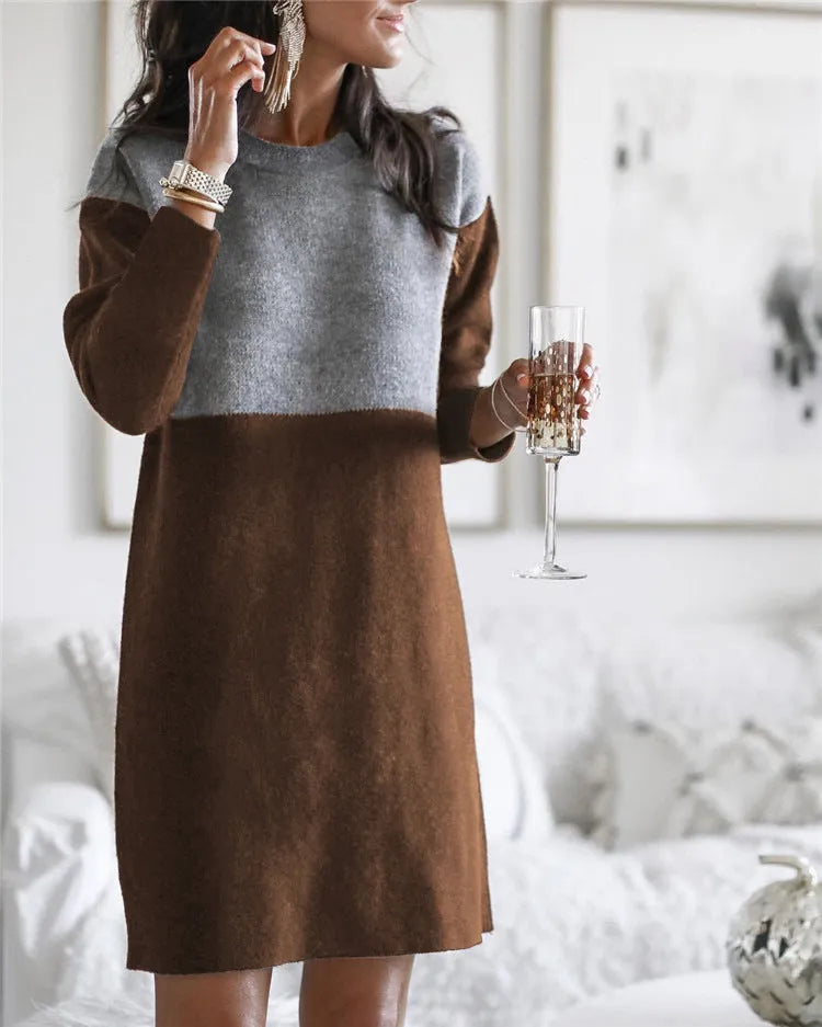 Brown women's art retro polar fleece patchwork dress with princess silhouette and long sleeves