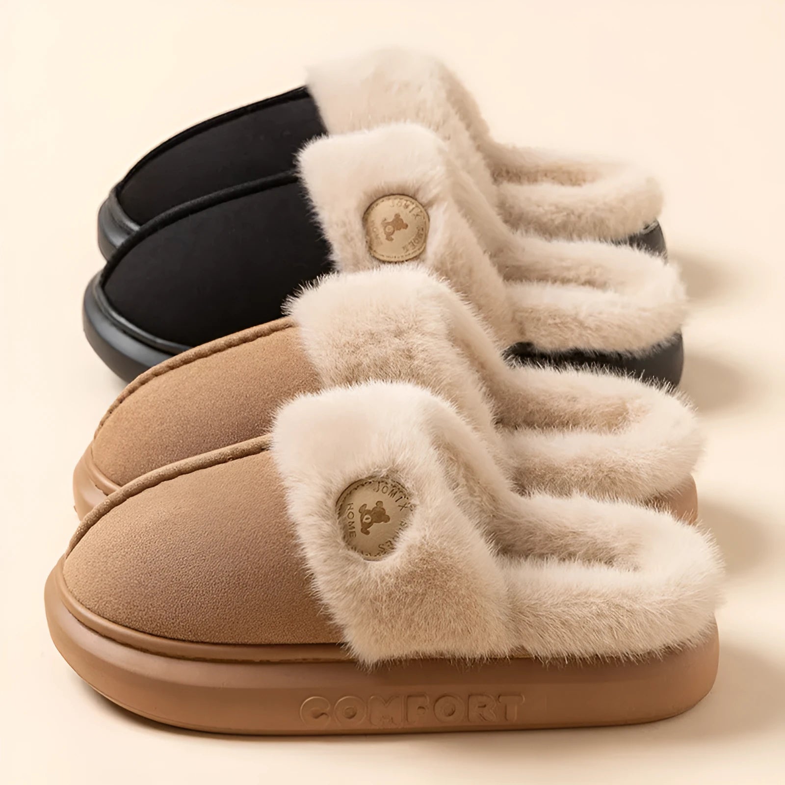Pair of thick-soled plush fleece slippers for men and women with a textured upper and PVC sole.