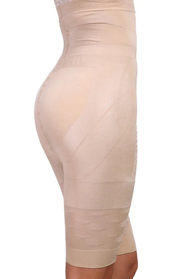 Women's black seamless high-waisted shapewear shorts for tummy control laid flat