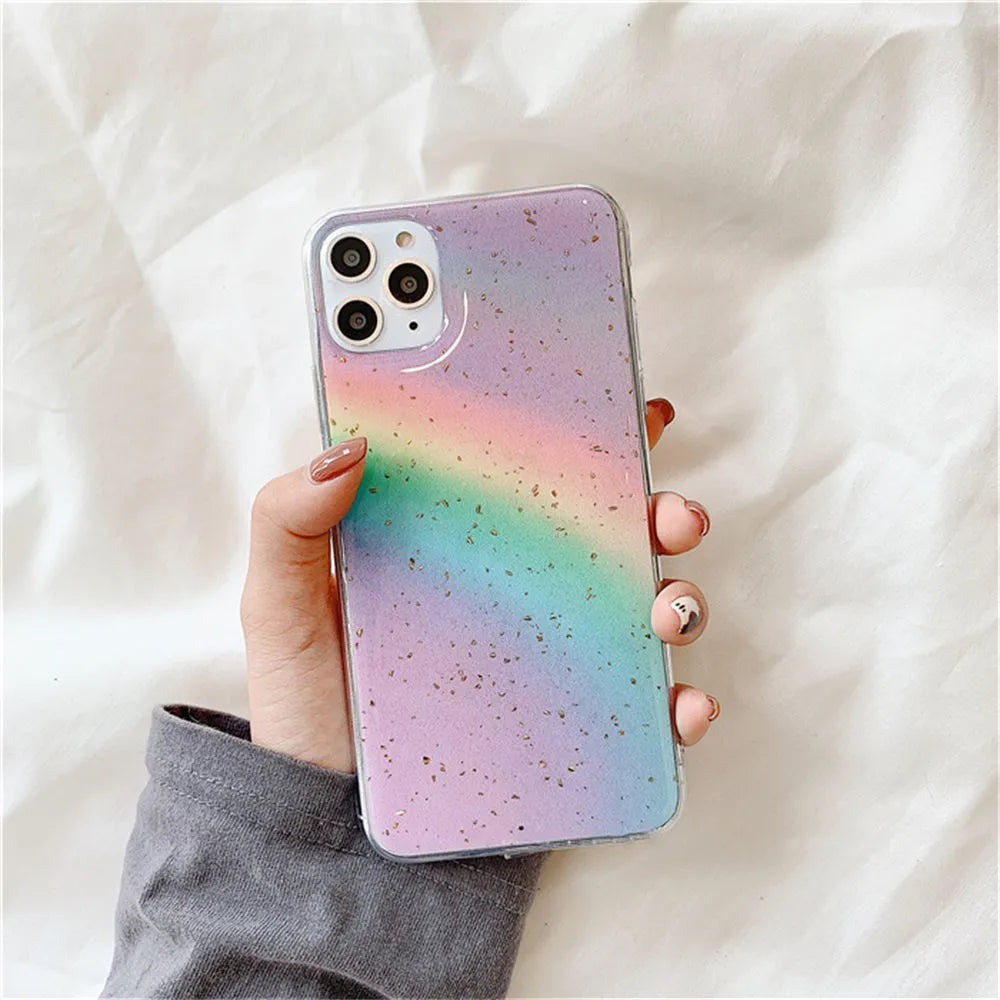 Rainbow gradient striped TPU protective case for iPhone on a white background.