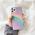 Rainbow gradient striped TPU protective case for iPhone on a white background.