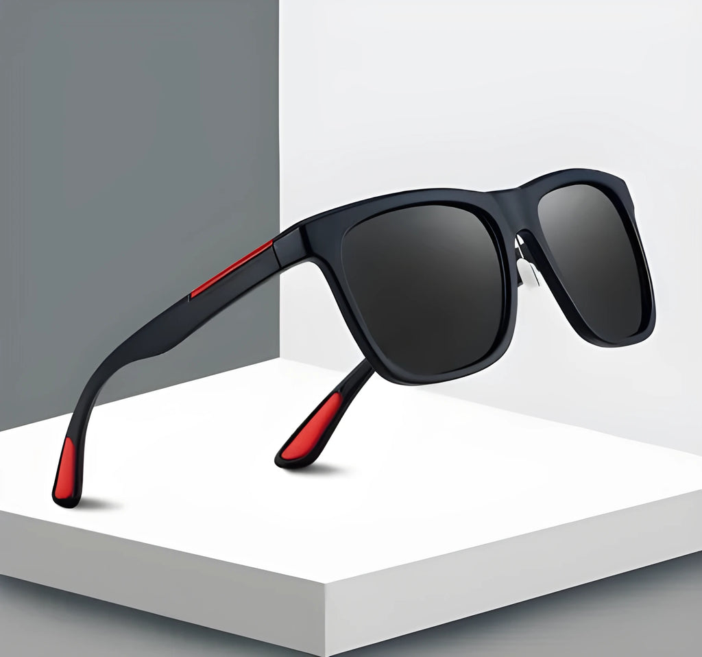 Men's square photochromic sunglasses with UV400 protection, black frame and red edge detail