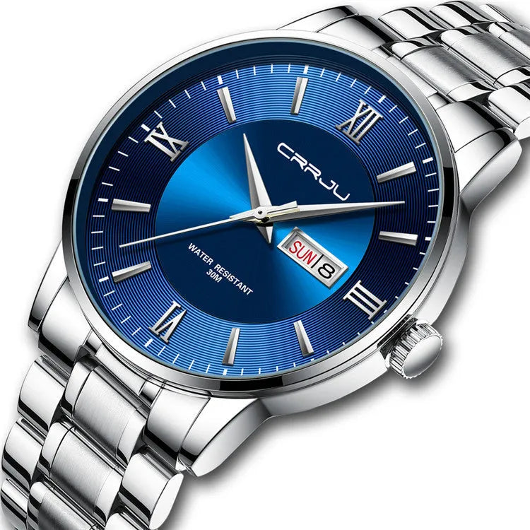 Men's casual business quartz watch with alloy case, 30m waterproof, plexiglass mirror, available in multiple colours