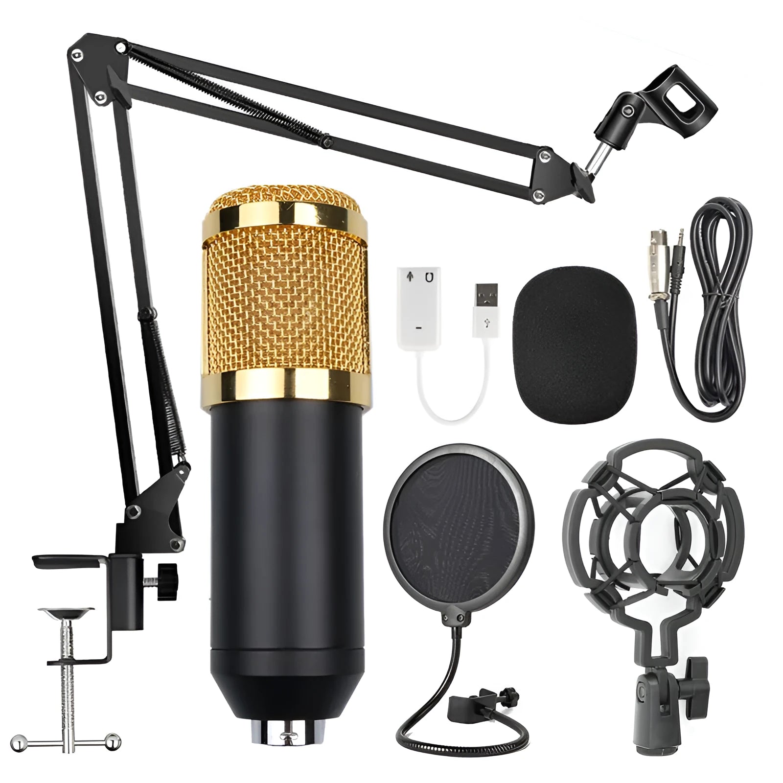 BM-800 condenser microphone on a desktop stand, shown in various colour options including black, silver, and white.
