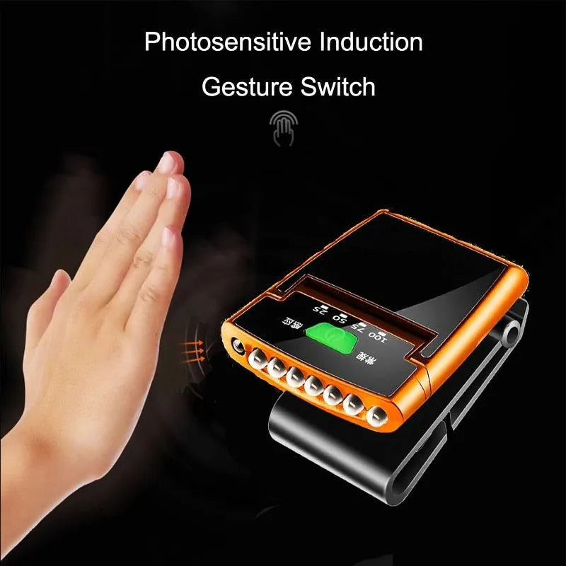 USB rechargeable cap lamp with 6 LED sensor headlamp, cap clip, 5 x 6.2 x 2.1cm ABS body, available in red, blue, orange, or black