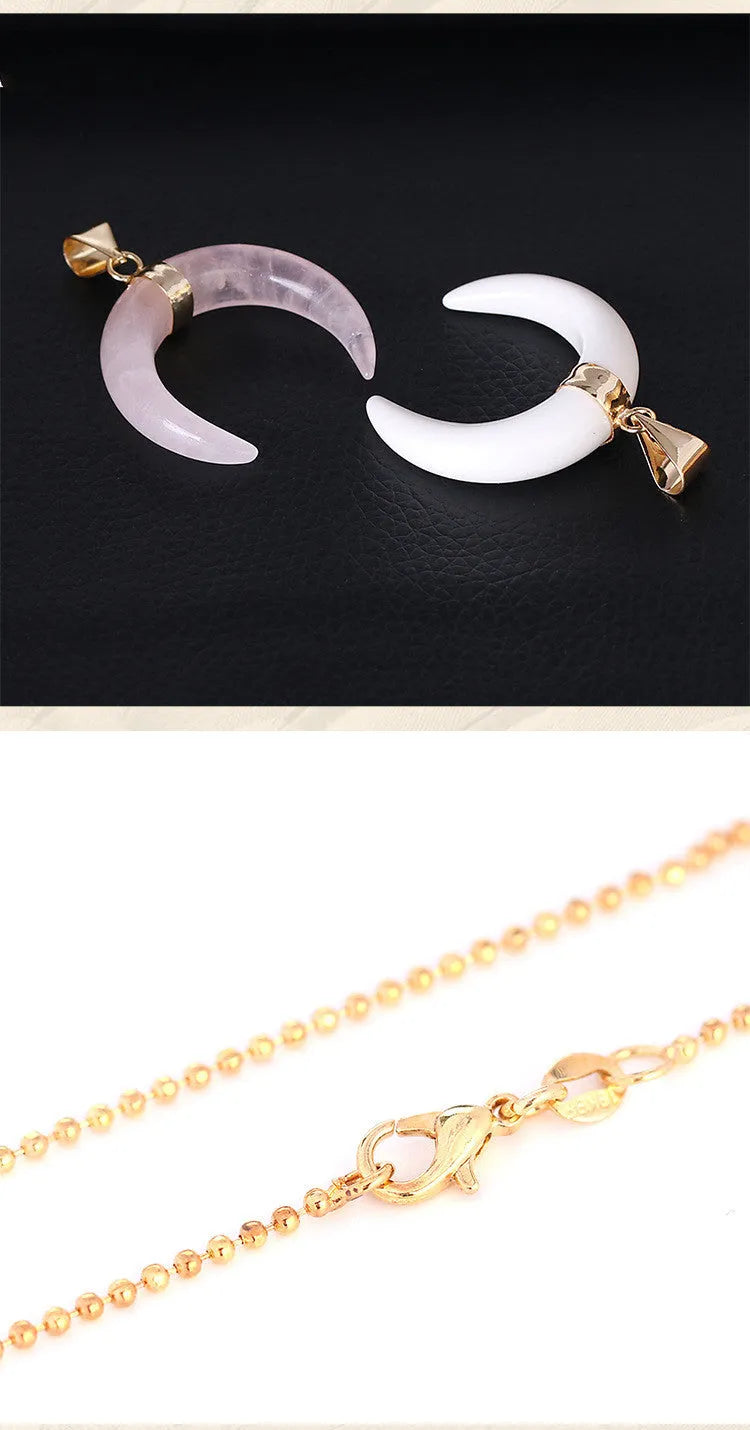 Natural crystal moon pendant necklace with adjustable chain and electroplated copper fittings