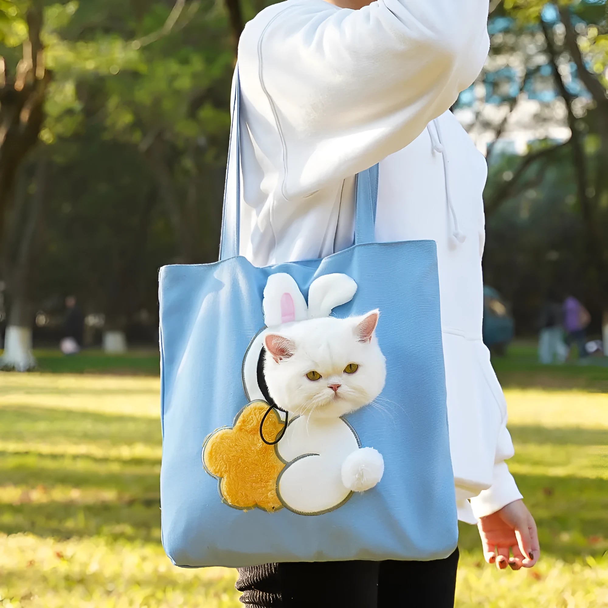 Canvas pet carrier shoulder backpack with cartoon pattern for small dog or cat transport.