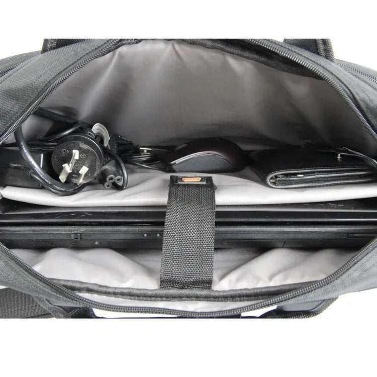 Black one-shoulder nylon computer bag with water repellent finish and hidden non-slip strap for 14-inch laptops