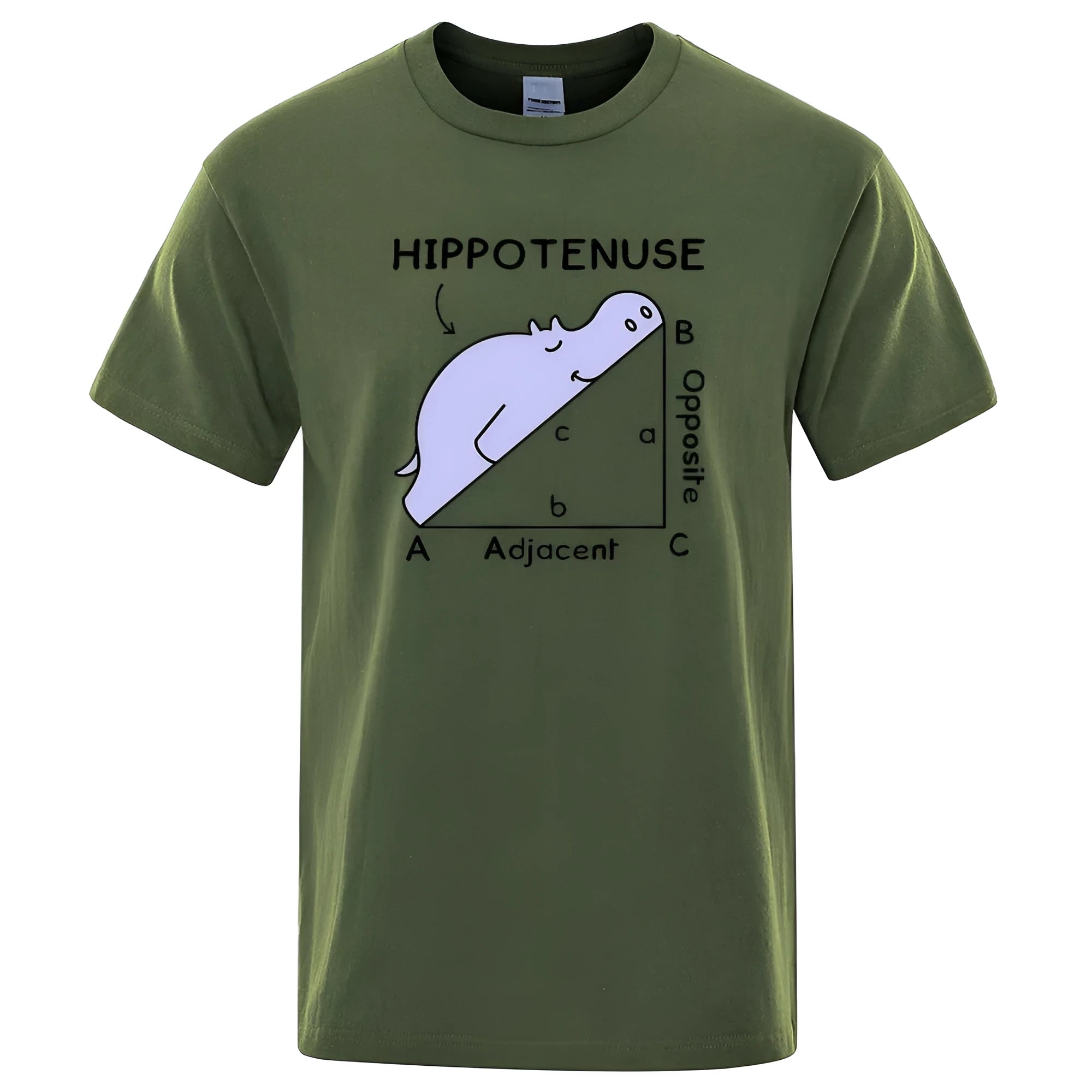 Loose fit grey cotton T-shirt with a humorous white Hippotenuse Opposite Adjacent mathematics print on the chest.