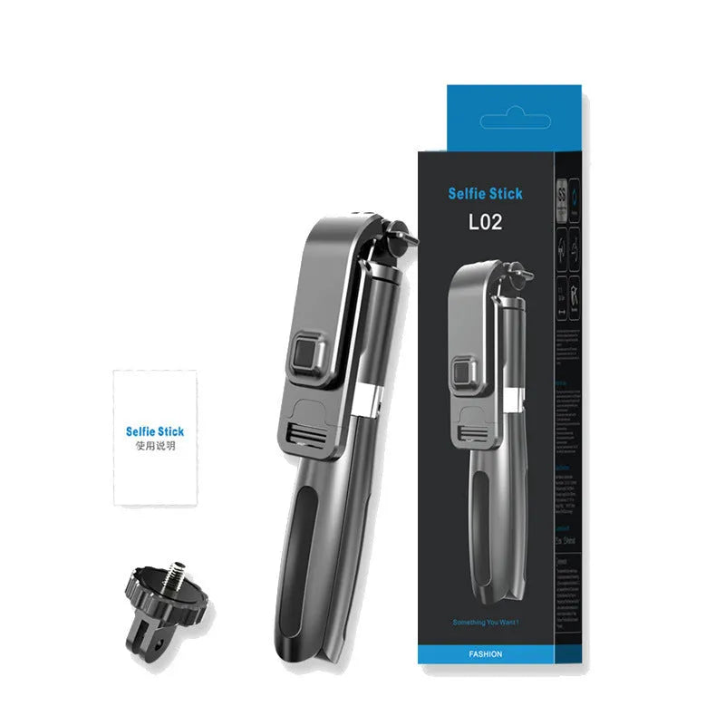 Black Bluetooth selfie stick with tripod legs extended and wireless remote, shown next to a smartphone.