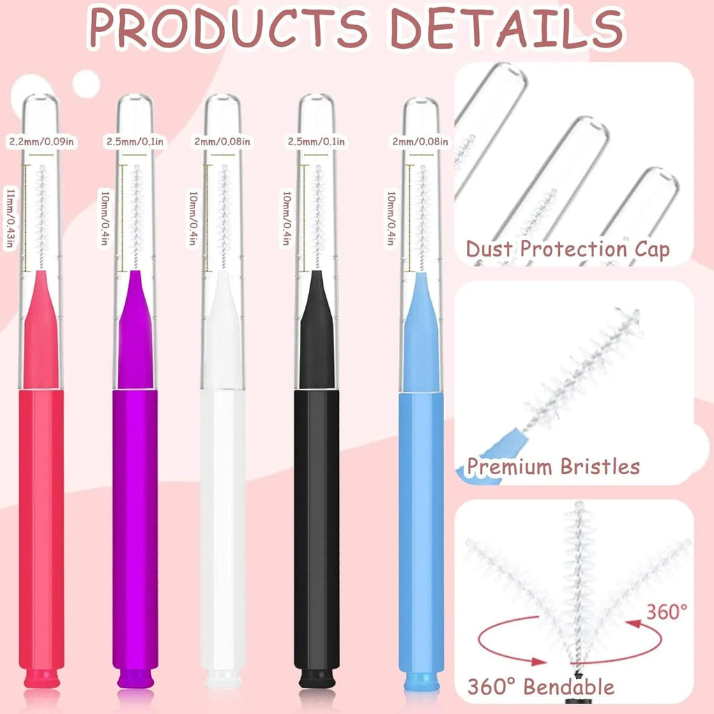 Set of micro eyebrow and lash brushes with caps in five colours including black blue purple red white