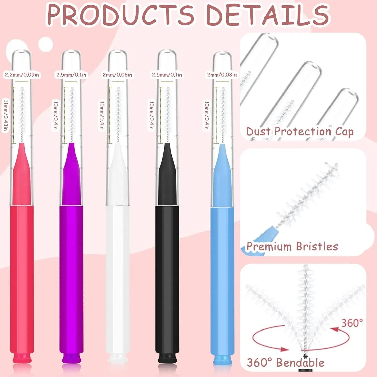 Set of micro eyebrow and lash brushes with caps in five colours including black blue purple red white