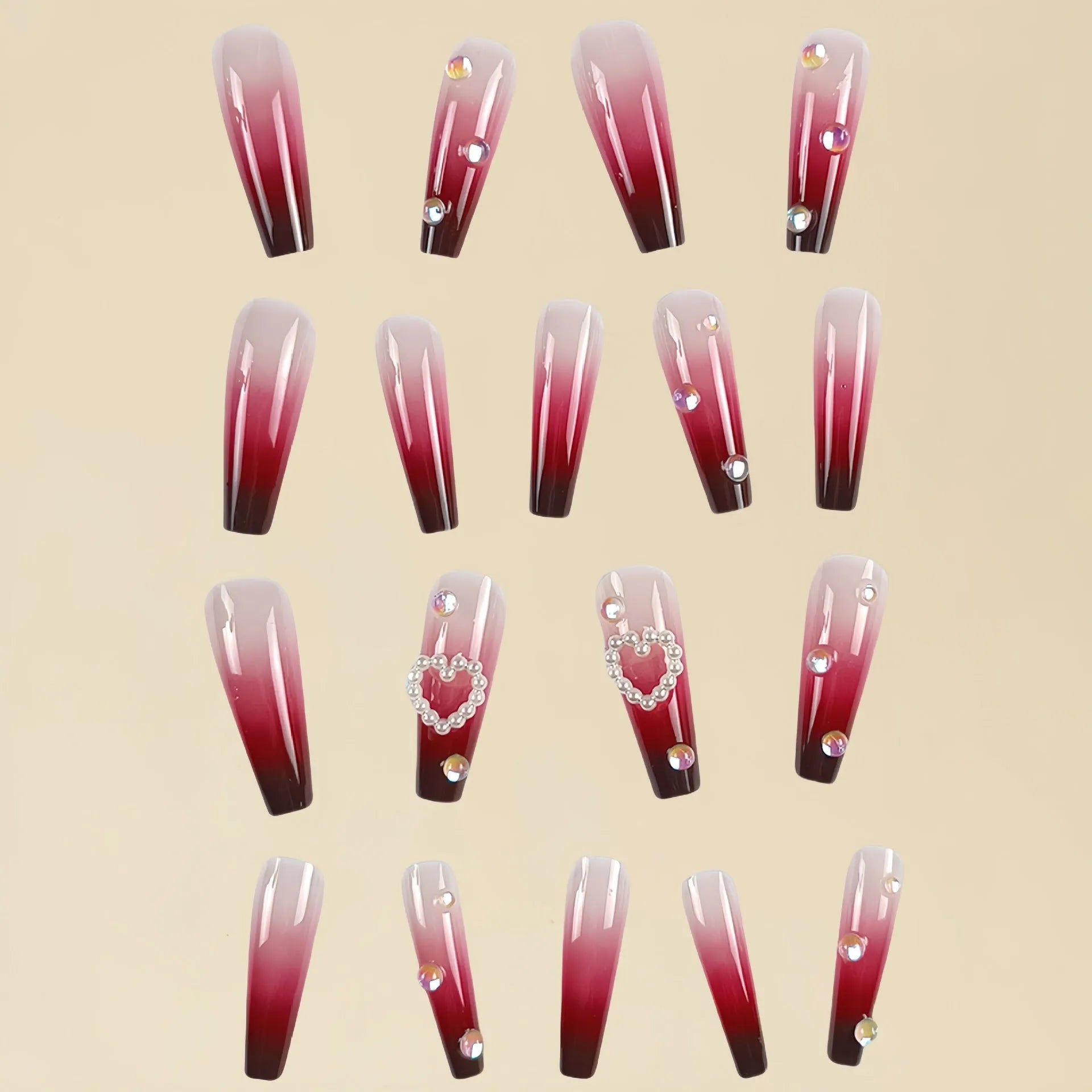 Wine red gradient fake nail tips with heart and plaid pattern, long ballet style, shown with jelly glue and rubbing cloth.