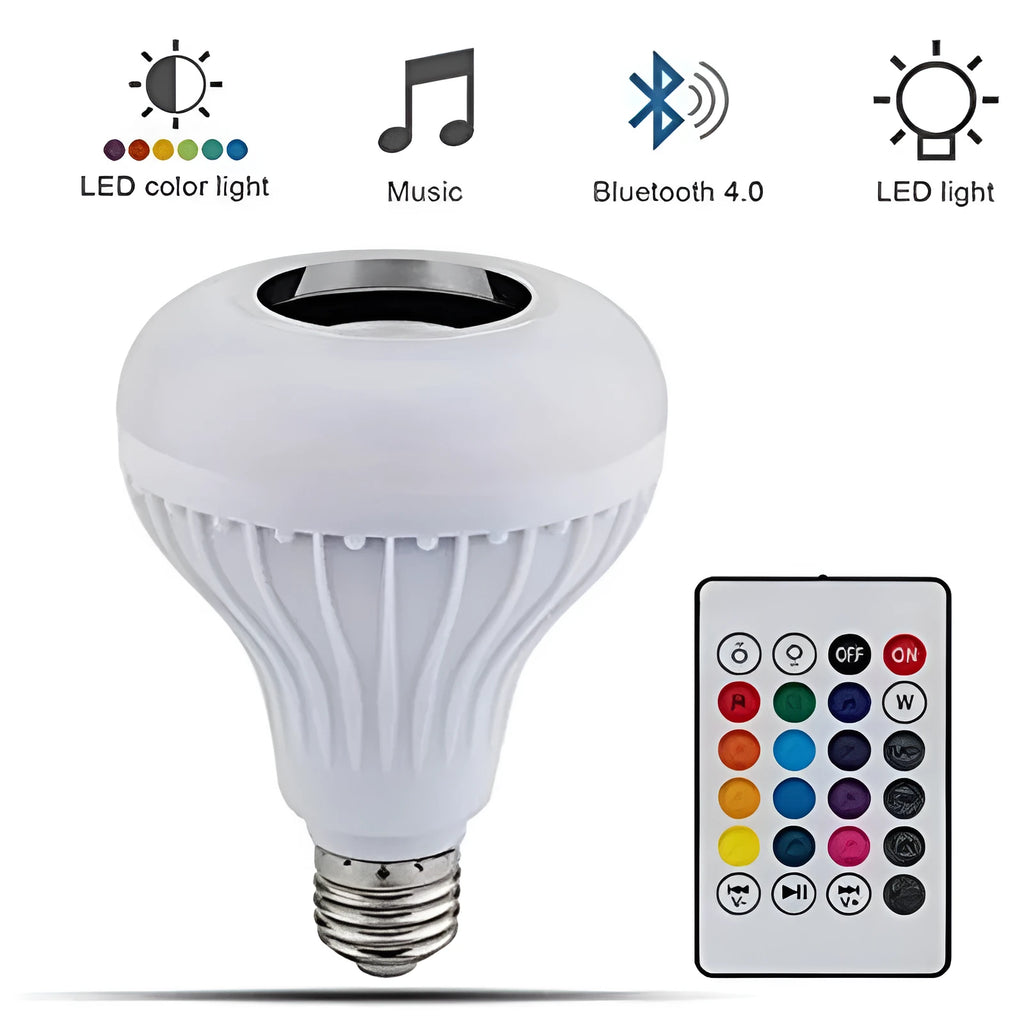 White E27 LED Bluetooth speaker bulb with remote control for 16 RGB colours