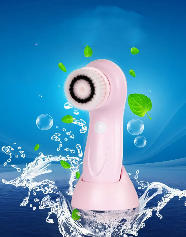 Waterproof face wash cleansing instrument in blue with brush head, sponge, and base for daily exfoliation