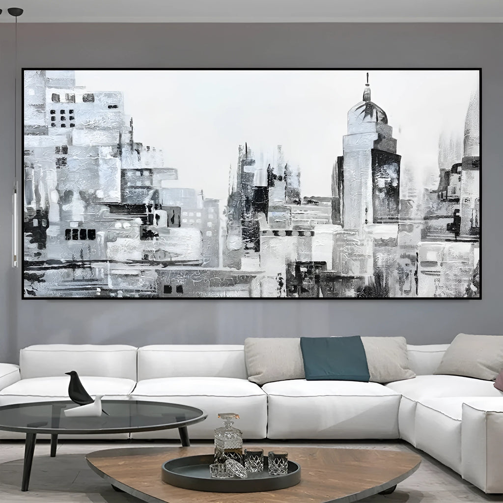 Handmade black and white abstract oil painting on canvas of urban street scene, rolled and frameless.